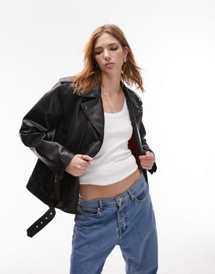 Topshop real leather oversized biker jacket in black  - ASOS Price Checker