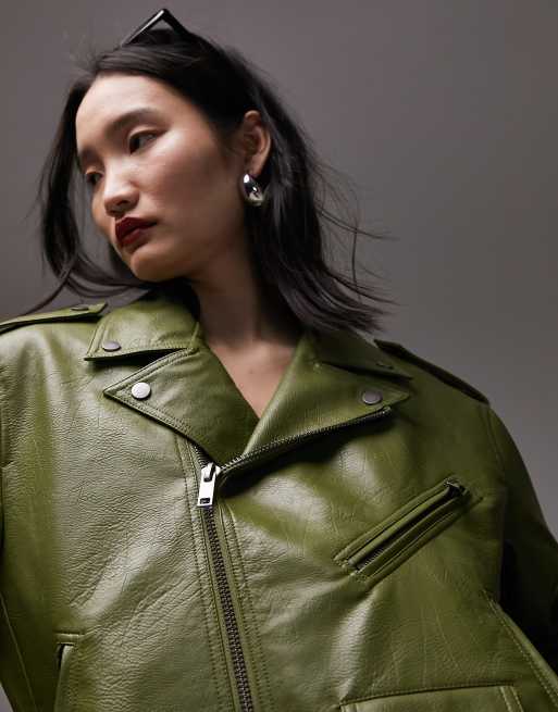 Topshop - Blouson style motard oversize imitation cuir - Vert, 3 de 4