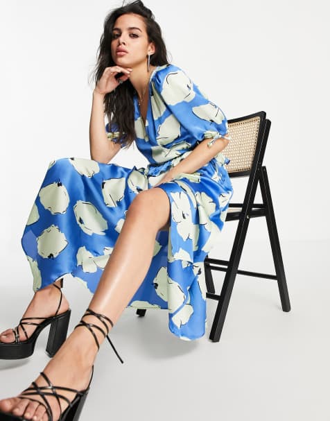 Topshop blue splodge flower ruffle textured wrap midi dress in blue