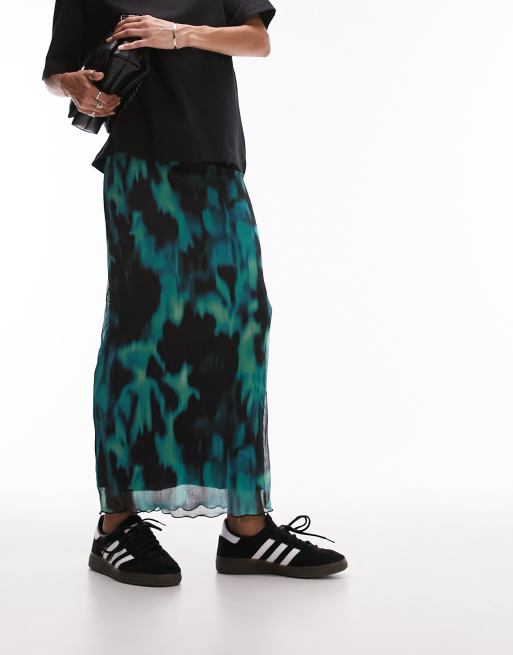 Topshop blurred animal crinkle plisse skirt in turquoise