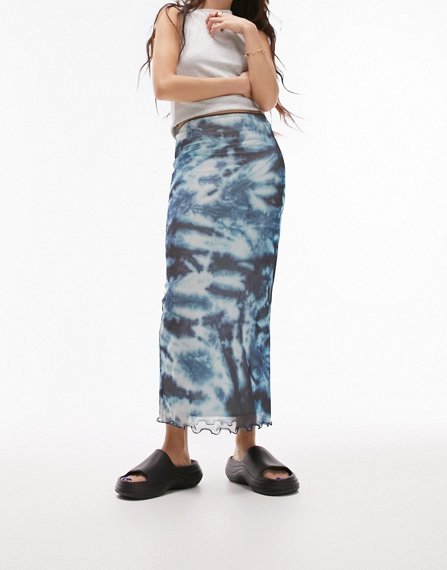Topshop Blurred Animal Picot Trim Midi Mesh Skirt In Navy-blue