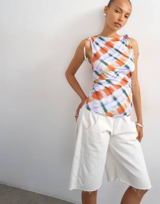 Topshop Blurred Check Print Microfibre Ruched Shoulder Tank In Multi