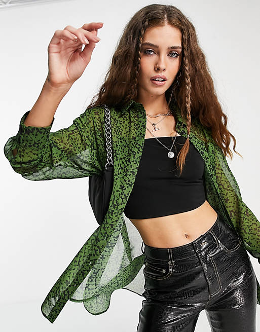 Tops Shirts & Blouses/Topshop blurred check print oversized shirt in green 
