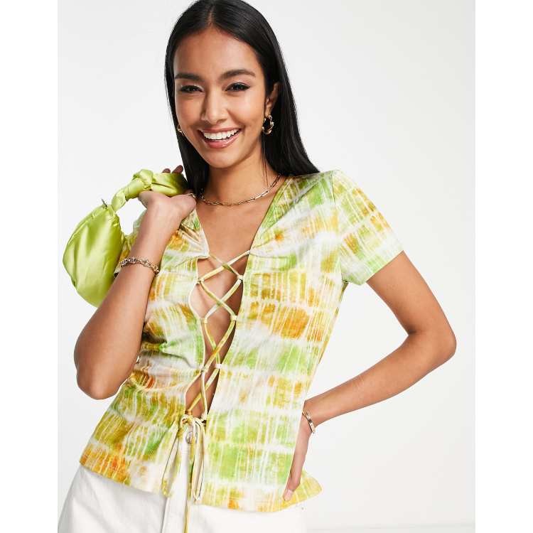 トップス CU/ LAWN BLURRED CHECK BACK TIE BLOUSE Topshop blurred check tie front top in green | ASOS