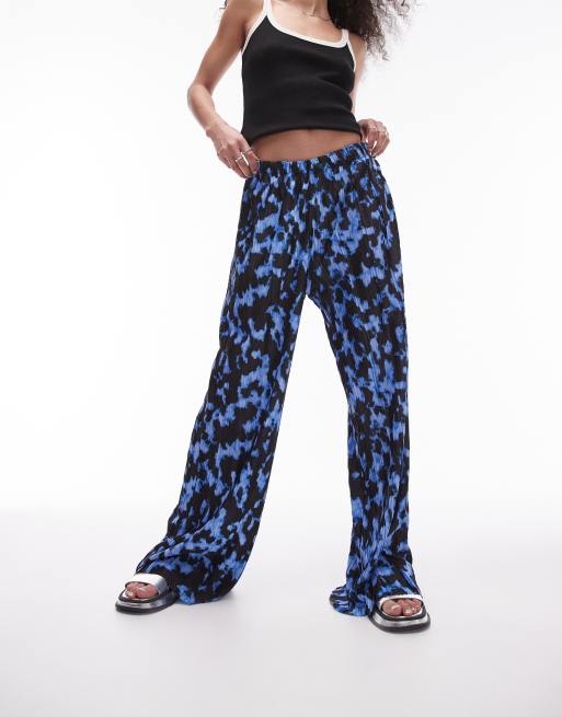 Topshop blurred crinkle plisse wide leg pants in cobalt