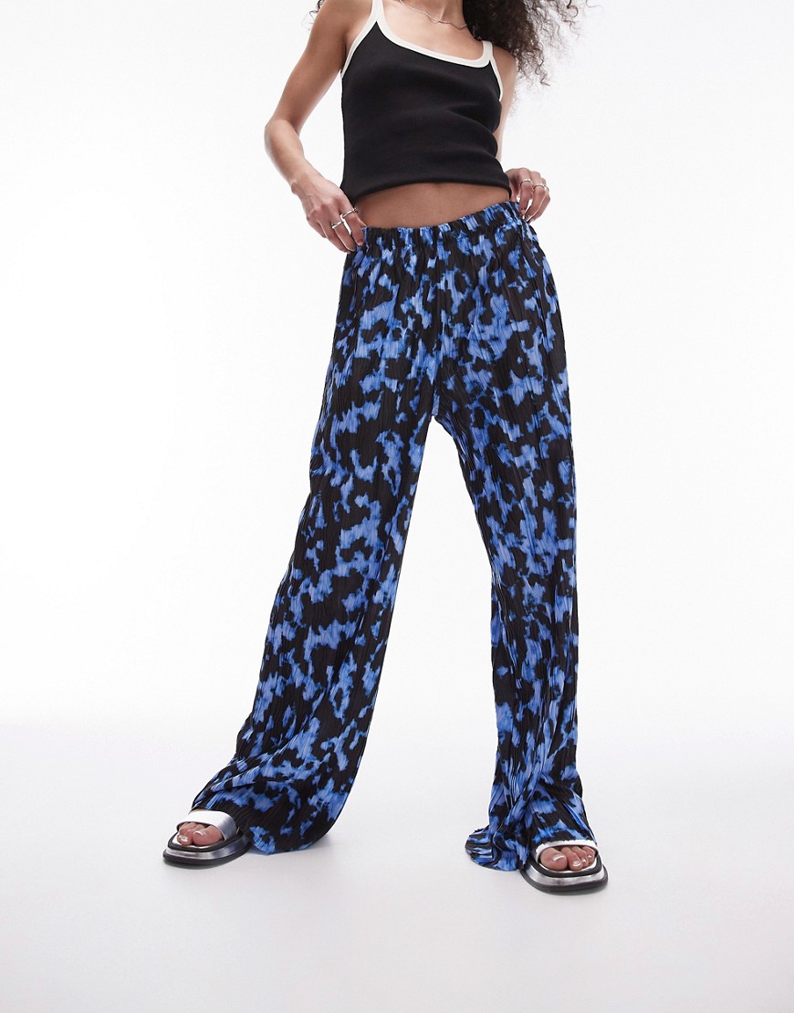 Topshop blurred crinkle plisse wide leg trouser in cobalt-Blue