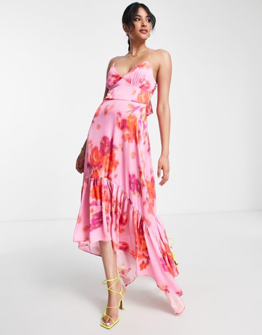 Topshop blurred floral asymmetric midi slip dress in pink