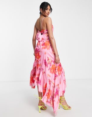 Pink floral asymmetric midi 2024 dress