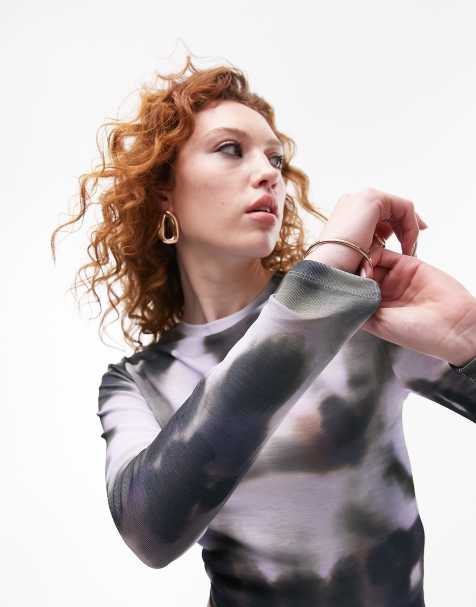 Topshop blurred floral long sleeve mesh top in multi - view 1