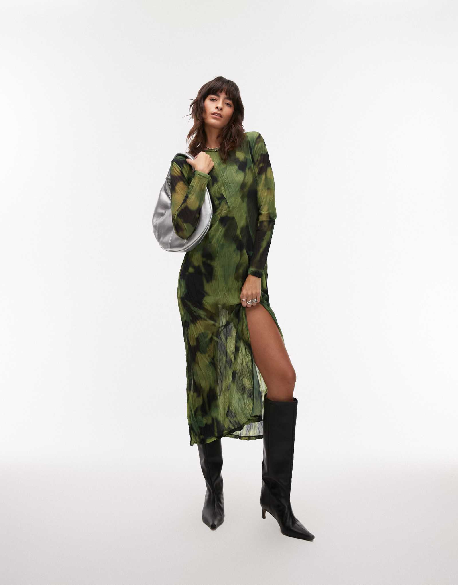 Зеленое миди-платье с размытым принтом и длинным рукавом Topshop 