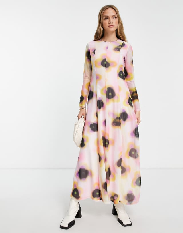 Topshop blurred floral mesh midi dress in multi