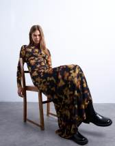 Topshop blurred floral print long sleeve maxi dress in black