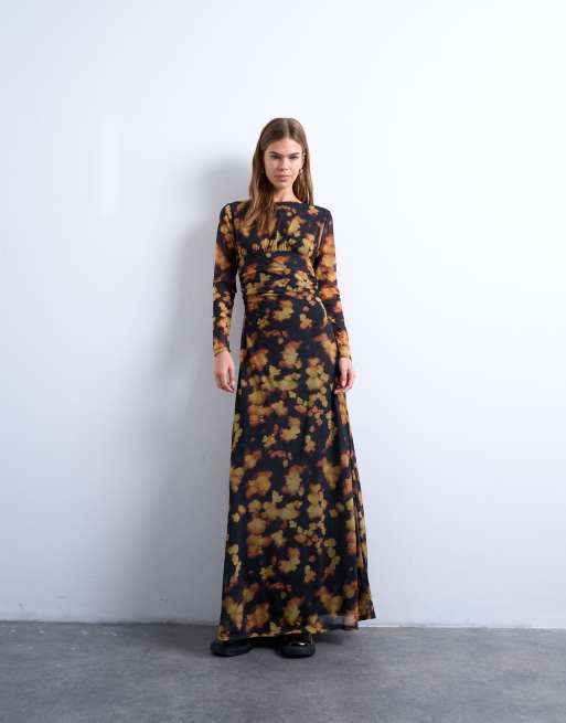 Topshop blurred floral print long sleeve maxi dress in black, 2 of 4
