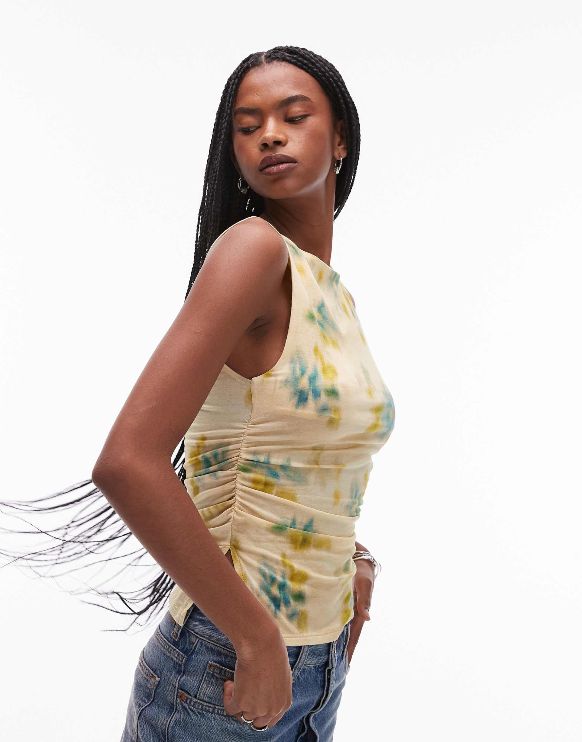 topshop blurred floral print slash neck tank in buttermilk