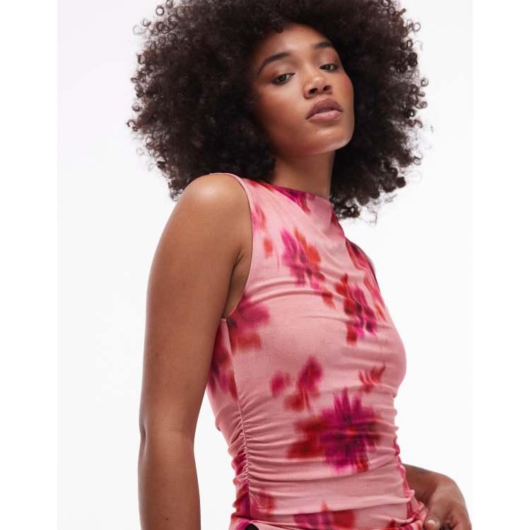 Blur pink flowers see-through tops (High neck) – POPPY