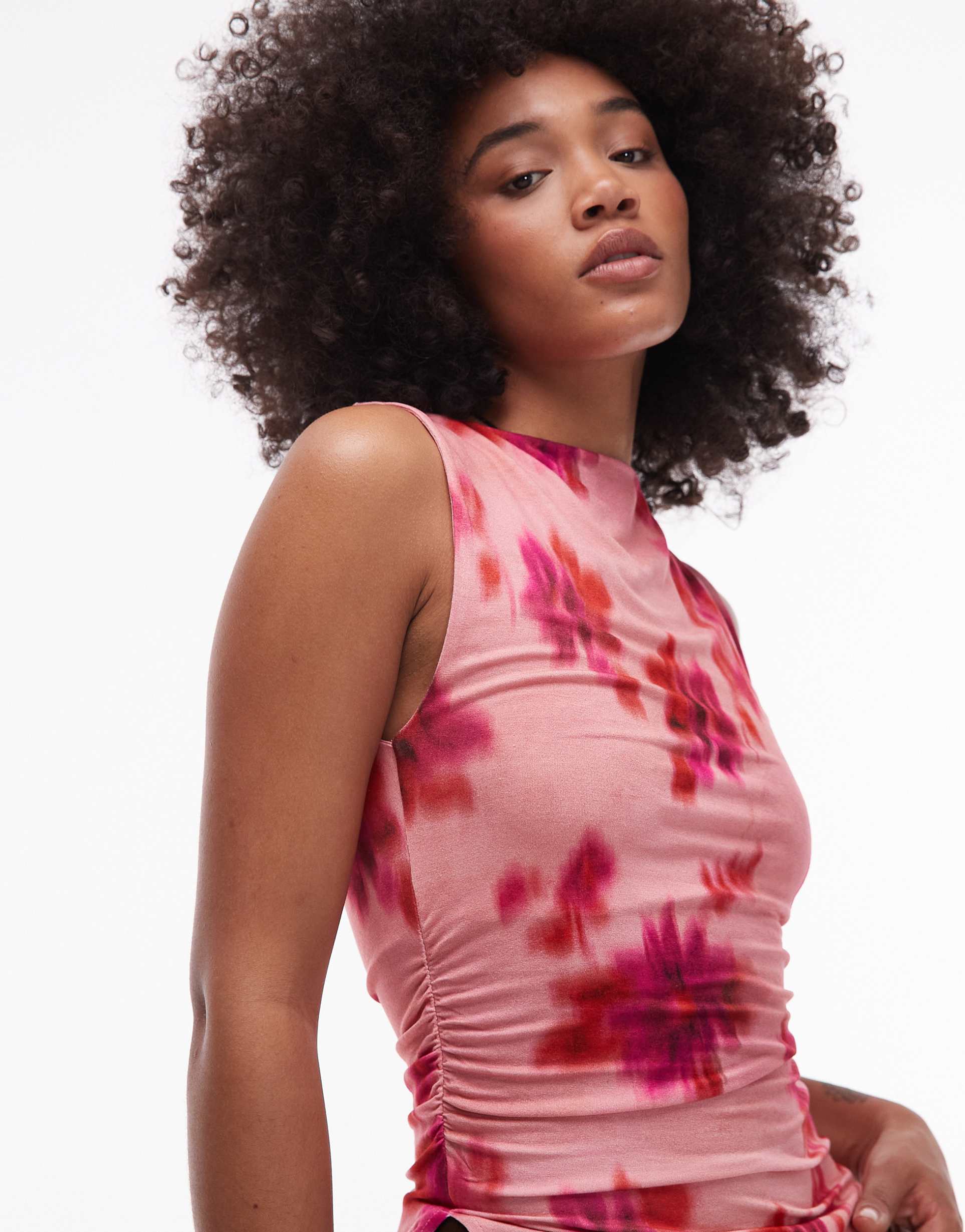 topshop blurred floral print slash neck tank in pink