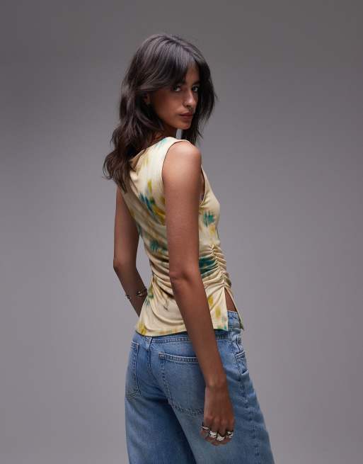 Topshop blurred floral print slash neck tank in yellow, 4 of 4