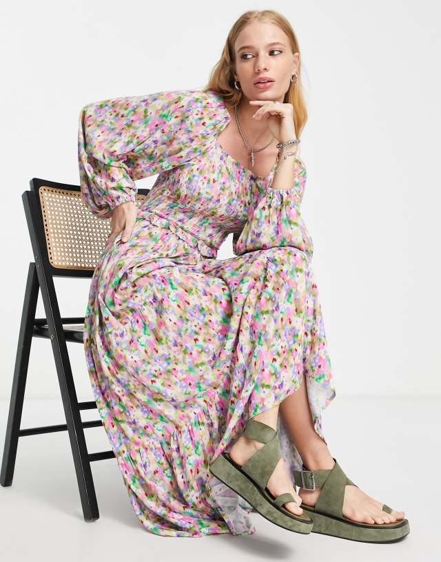 Topshop blurred floral shirred bust volume sleeve midi dress in multi