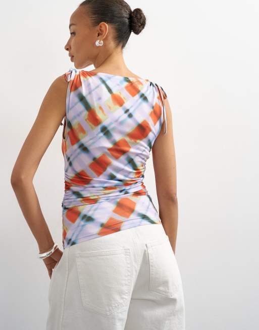 Topshop blurred plaid print microfiber ruched shoulder tank in lilac, 3 of 4
