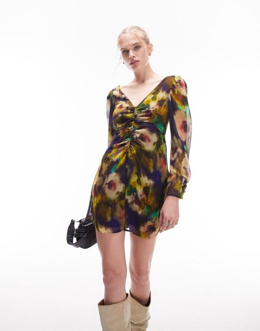 Topshop blurred tie dye floral ruched mini tea dress in multi