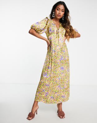 Blurred Watercolor Midi Ruffle Tea Dress In Multi