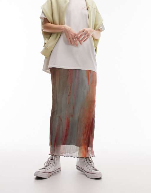 Topshop blurred watercolor plisse midi skirt in multi