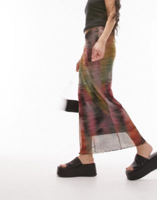 Topshop blurred watercolour printed plisse midi skirt in multi