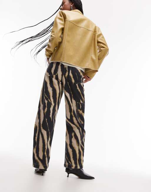 Topshop blurred zebra trousers with patch detailing in multi