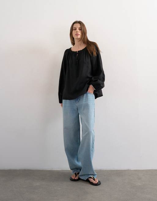 Topshop - Blusa a trapezio misto lino nera allacciata sul davanti, 2 di 4