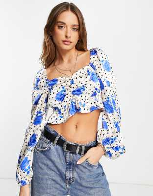Blusa blu con stampa di rose e allacciatura sul davanti in coordinato - Topshop Camicia donna  - immagine1