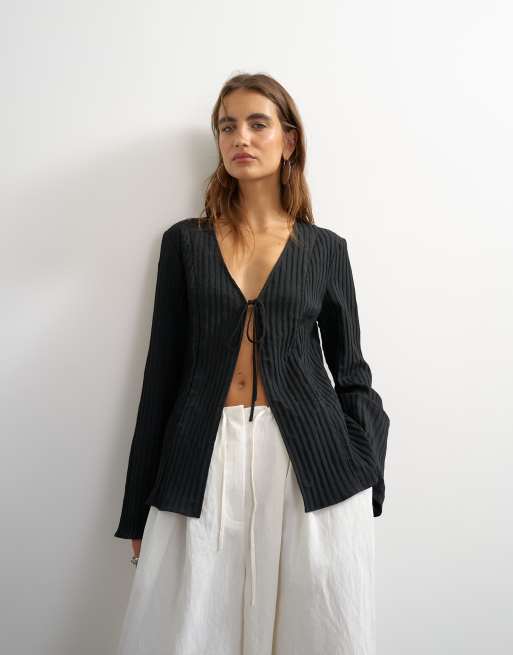 Topshop blusa con dettaglio annodato nera