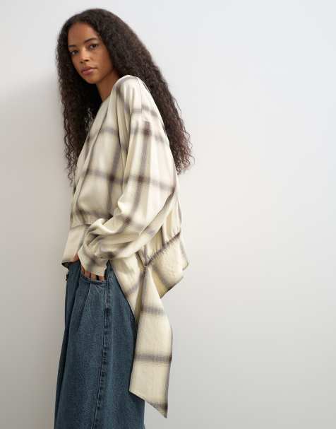 Topshop blusa de bajo redondeado con cuadros neutros - view 1