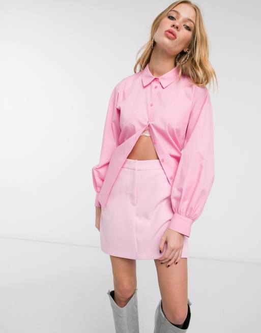 Topshop - Blusa in popeline rosa con retro arricciato