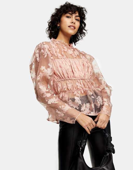 Topshop – Bluse aus Organza mit Blumenmuster in Rosa