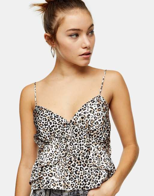 Topshop bluse i naturlig leopardsatin med flæsedetalje, 3 af 4