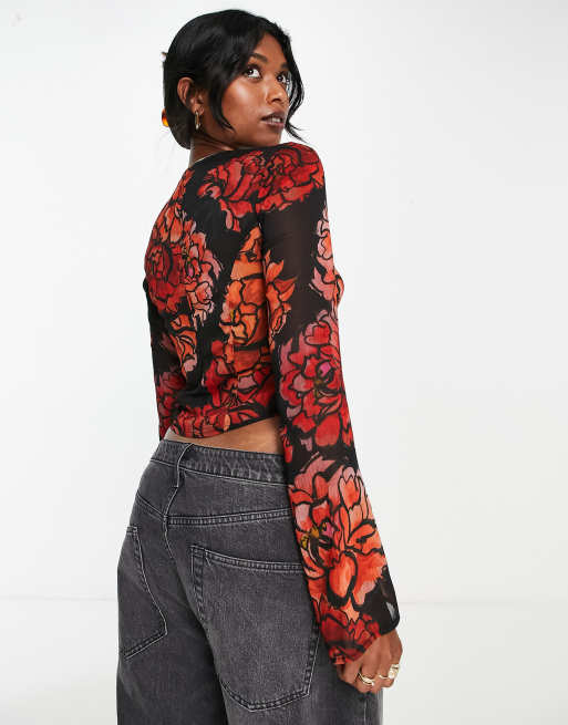 Topshop - Bluse med bindebånd og blomstermønster i chiffon, 2 af 4