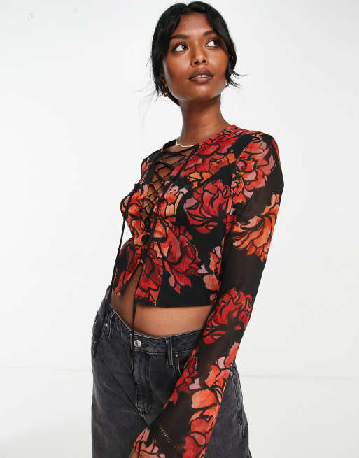 Topshop - Bluse med bindebånd og blomstermønster i chiffon, 4 af 4