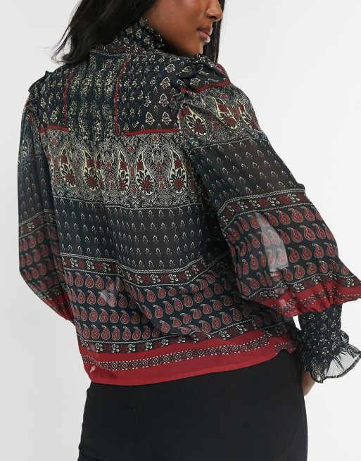 Topshop - Bluse med rynkede pufærmer i multifarvet paisley-print, 2 af 4