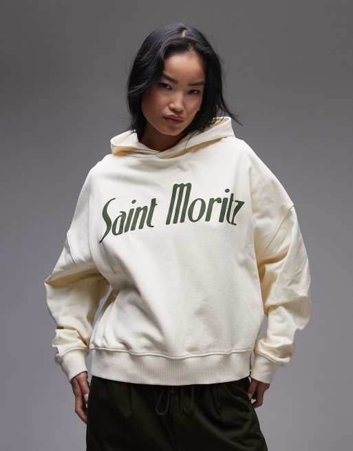 Topshop – Bluza oversize z kapturem w kolorze ecru z grafiką „Saint Moritz”