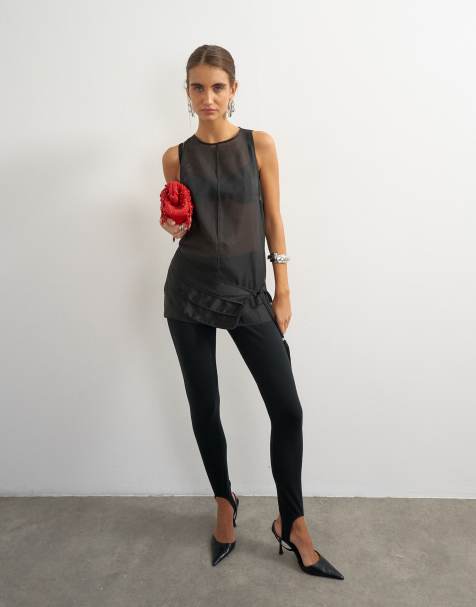 Topshop bluzka z organzy i satyny z paskiem, czarna - view 1