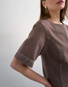 Model wearing Boat neck structured sleeve mini dress choc