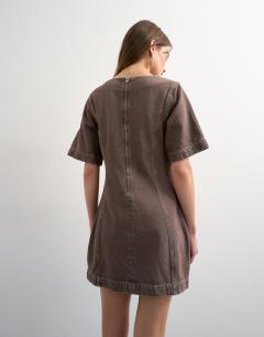 Model wearing Boat neck structured sleeve mini dress choc