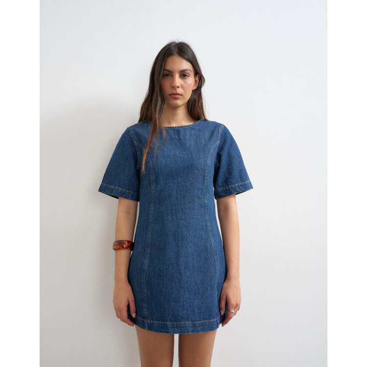 Topshop boat neck structured sleeve mini dress in mid blue | ASOS