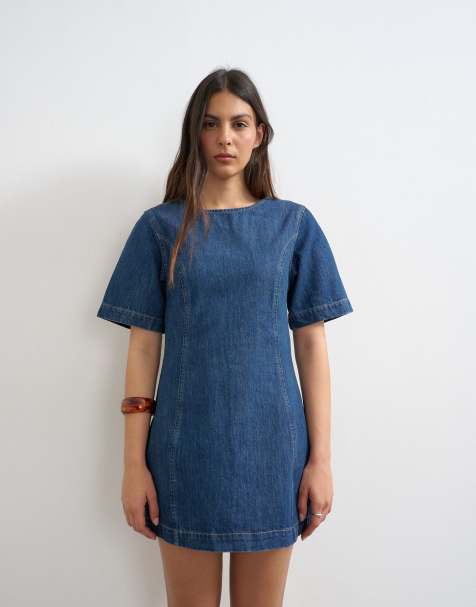 Topshop boat neck structured sleeve mini dress in mid blue