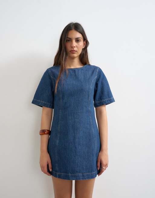 Topshop boat neck structured sleeve mini dress in mid blue