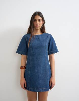 Topshop Boat Neck Structured Sleeves Mini Dress In Blue