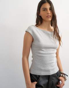 Model wearing Boat neck vest in grey marl