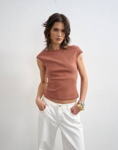 Model wearing Boat neck vest in pecan