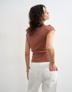 Model wearing Boat neck vest in pecan