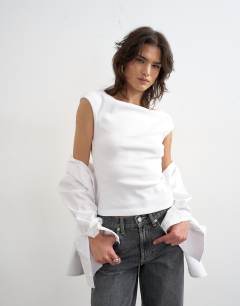 Model wearing Boat neck vest in white